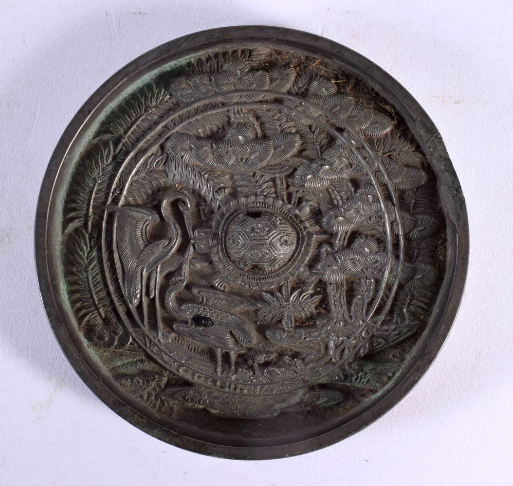 AN 18TH CENTURY JAPANESE EDO PERIOD HAND MIRROR depicting birds, tortoise and landscapes. 12 cm diam (1 of 2)