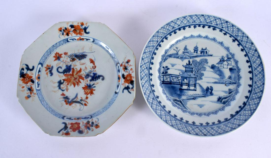 A 17TH/18TH CENTURY CHINESE EXPORT IMARI PORCELAIN PLATE together with a Qianlong plate. 22 cm wide. (1 of 2)