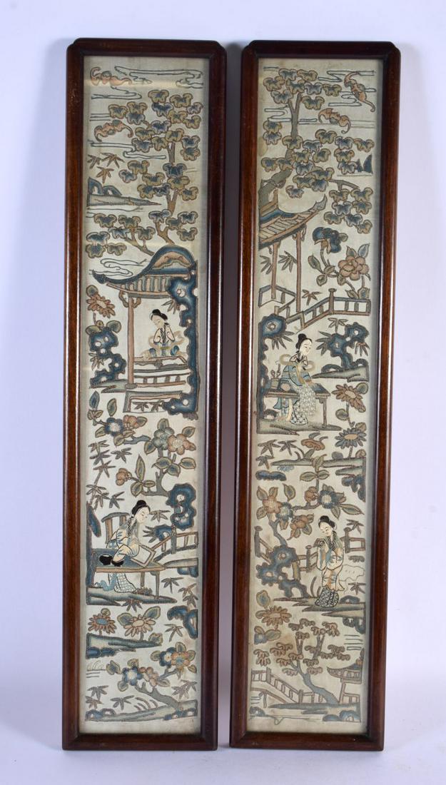 A PAIR OF 19TH CENTURY CHINESE SILK WORK EMBROIDERED PANELS depicting figures in landscapes. 55 cm x (1 of 6)