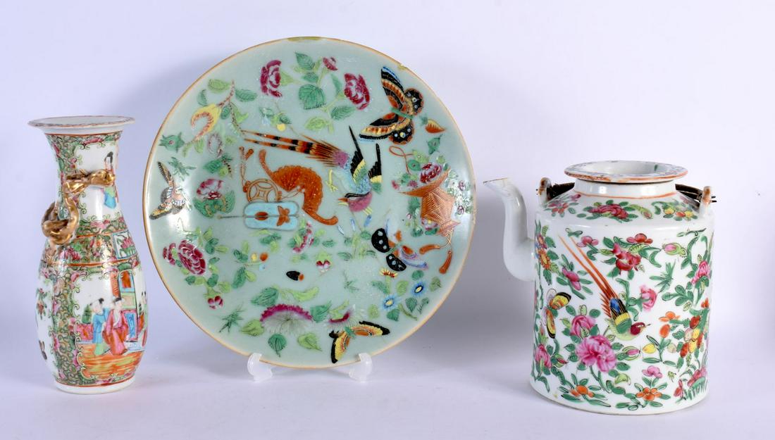 A 19TH CENTURY CHINESE CELADON FAMILLE ROSE PORCELAIN PLATE together with a vase & teapot. Largest 2: A 19TH CENTURY CHINESE CELADON FAMILLE ROSE PORCELAIN PLATE together with a vase & teapot. Largest 24 cm wide. (3)