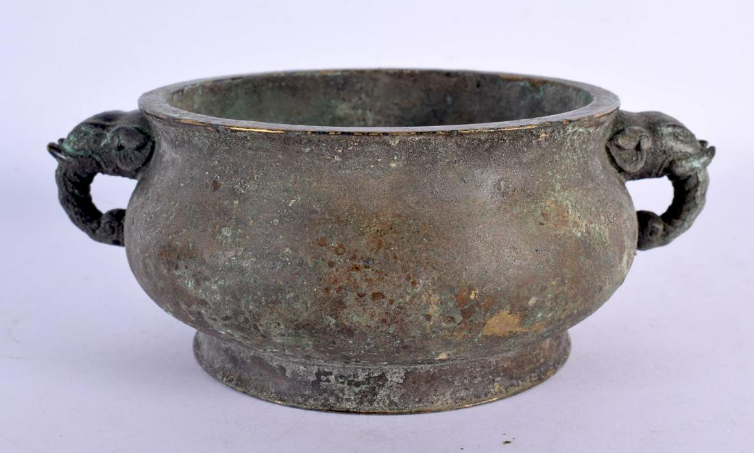 A CHINESE TWIN HANDLED ELEPHANT BRONZE CENSER 20th Century. 17 cm wide, internal width 11 cm. (1 of 6)
