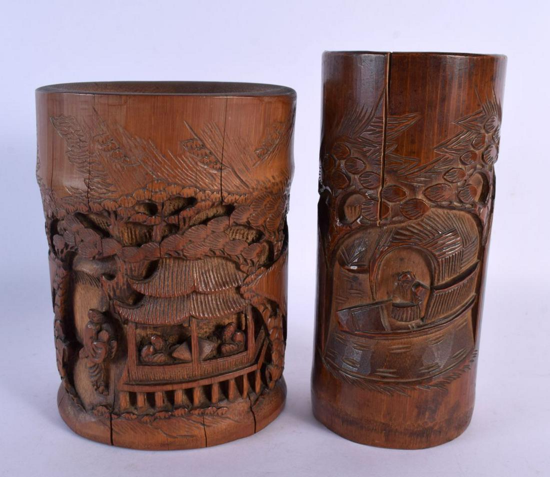 TWO 19TH CENTURY CHINESE CARVED BAMBOO BRUSH POTS Qing. Largest 20 cm high. (2) (1 of 4)