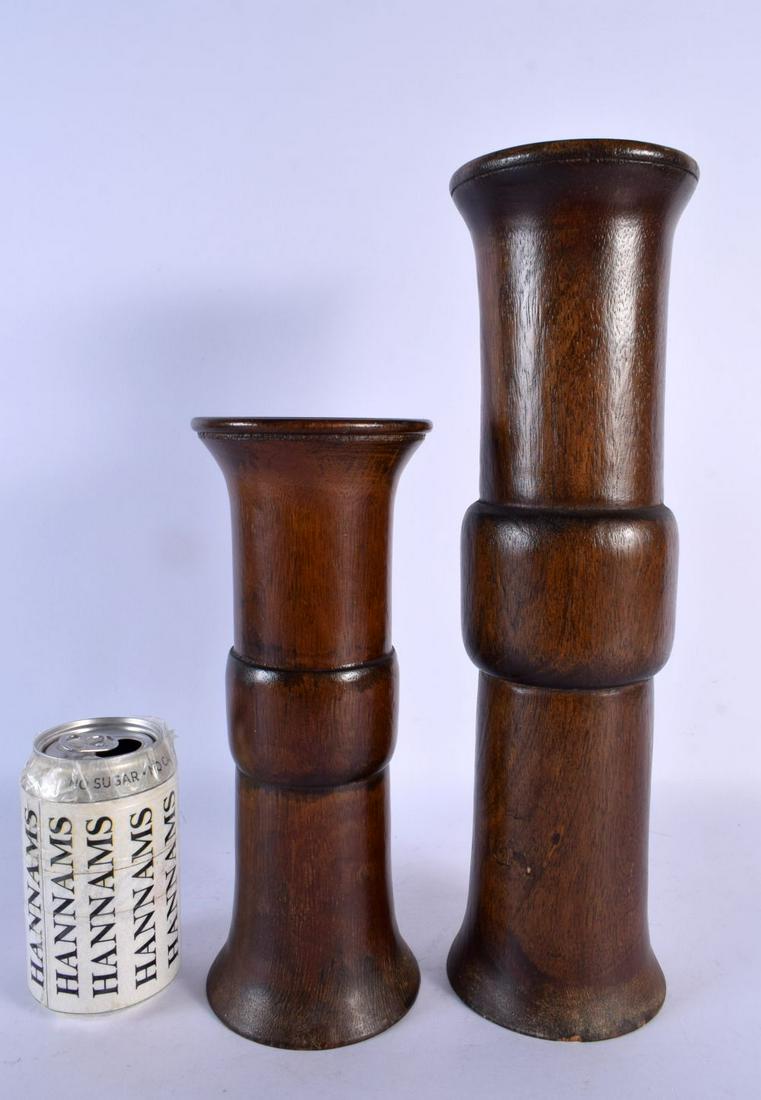 TWO RARE CHINESE QING DYNASTY CARVED BAMBOO GU FORM BEAKER VASES with ribbed body. Largest 36 cm hig (1 of 5)
