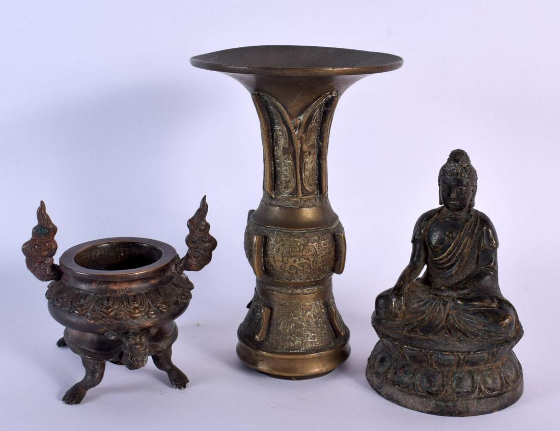 A CHINESE QING DYNASTY GU FORM BRONZE BEAKER VASE together with a censer & buddha. Largest 15.5 cm h (1 of 4)