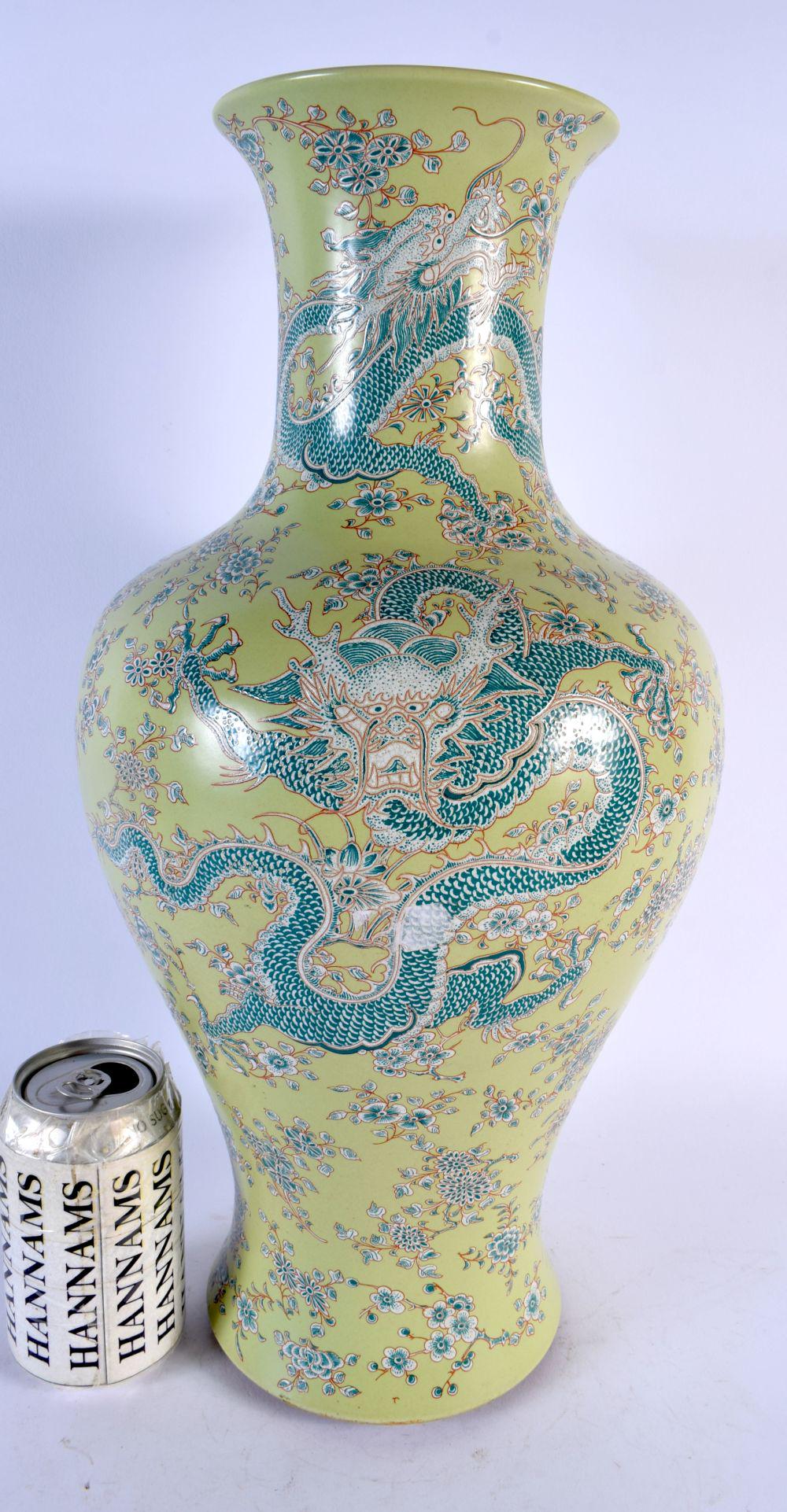 A LARGE CHINESE LIME GREEN GROUND PORCELAIN DRAGON VASE 20th Century. 44 cm x 18 cm. (1 of 4)