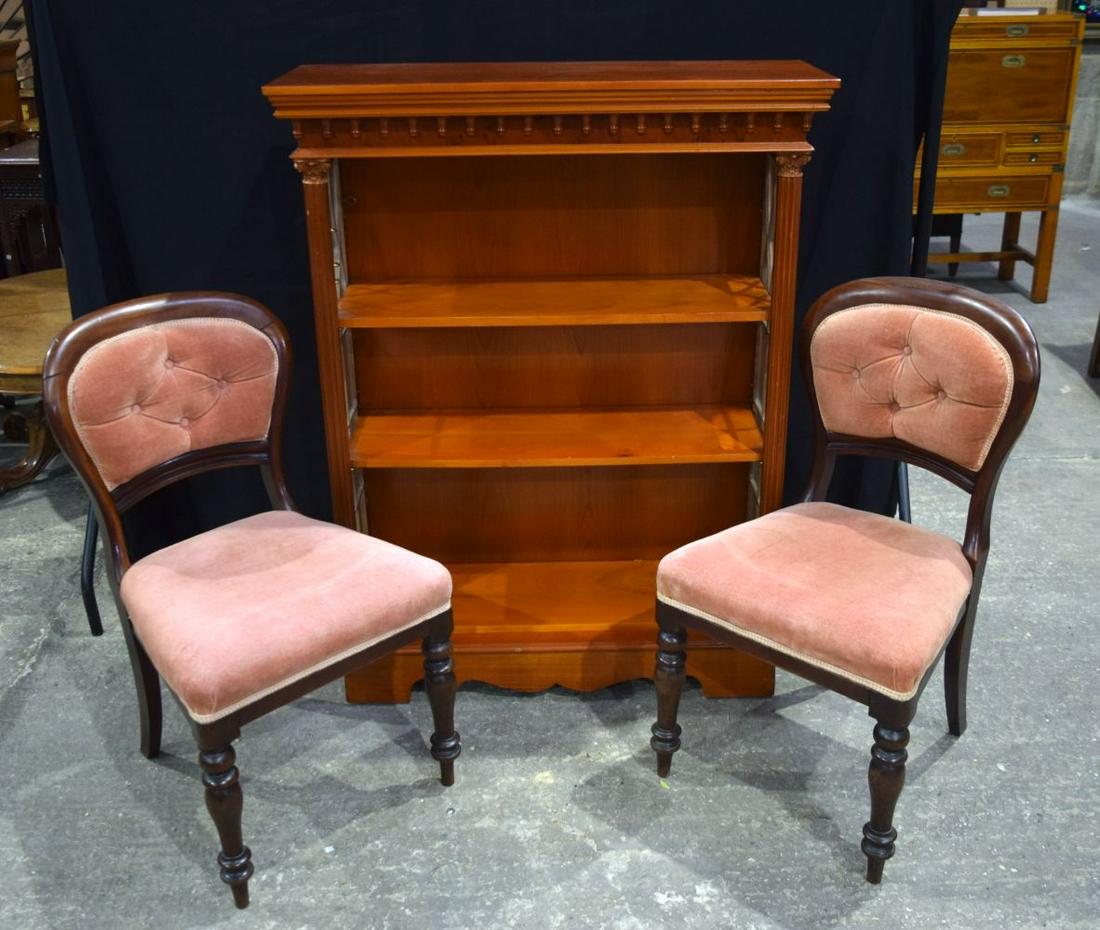 A pair of antique upholstered balloon back chairs together with a wooden shelf unit (1 of 4)