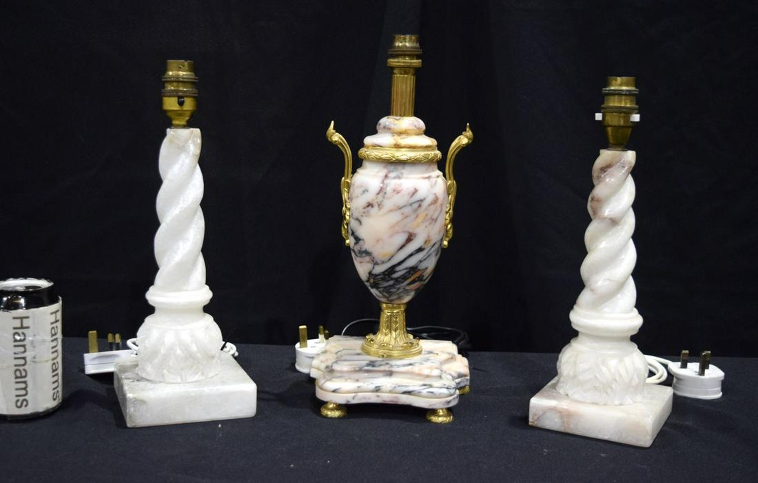 A near  pair of Alabaster table lamp stands together with a marble lamp stand  35 cm (3) (1 of 4)
