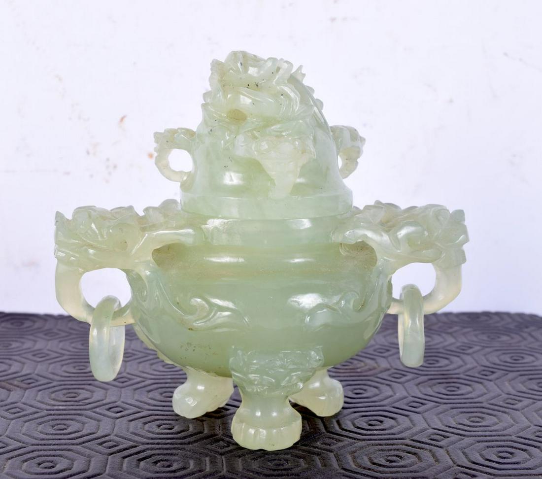 An early 20th century Chinese green jade censer, formed with mythical beast handles. 12 cm wide. (1 of 3)