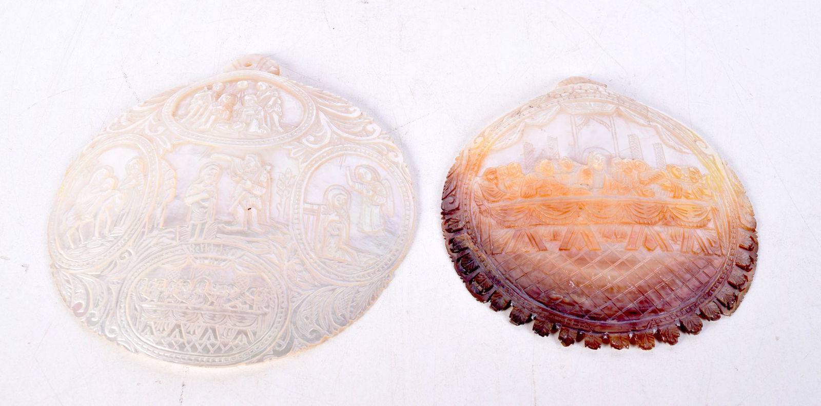Two Mother of pearl carved religious themed shells largest 13 cm (1 of 2)