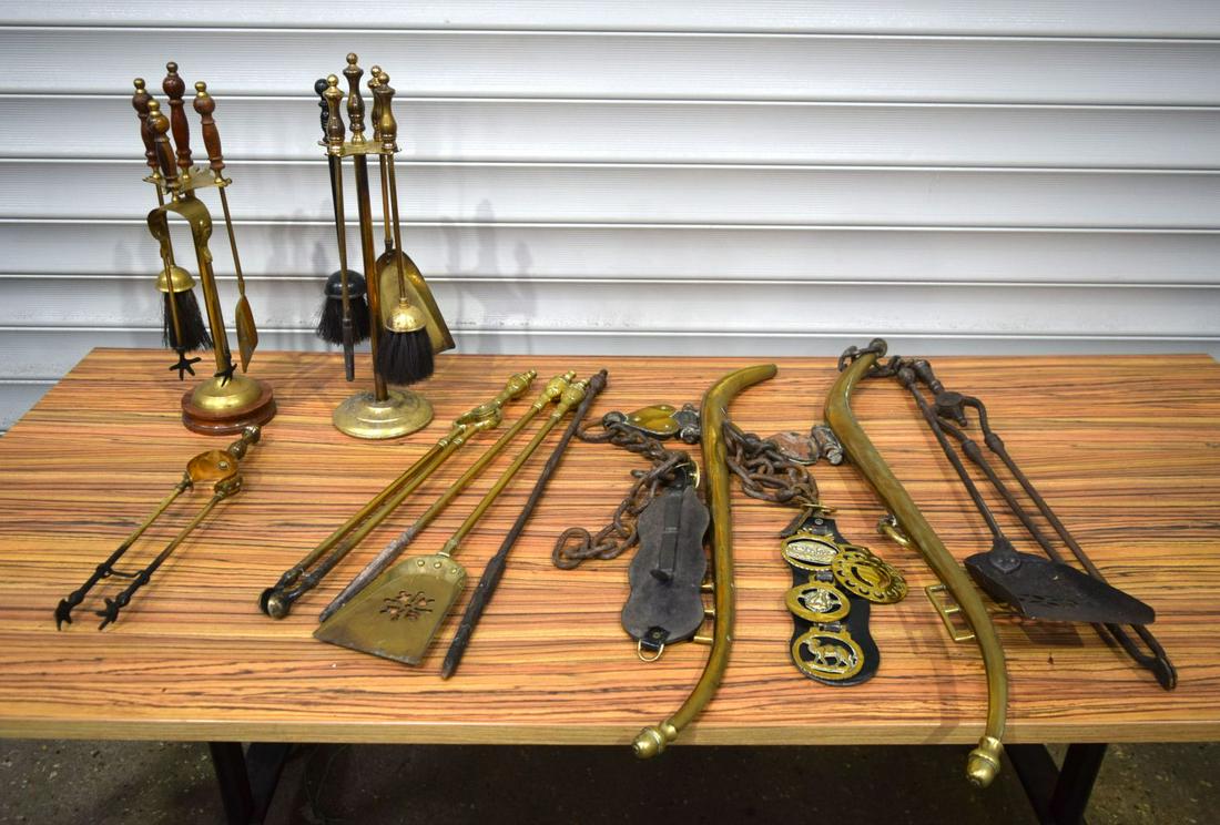 A large collection of brass items including horse tack, brass and iron fire tools, etc. Largest 83cm (1 of 4)
