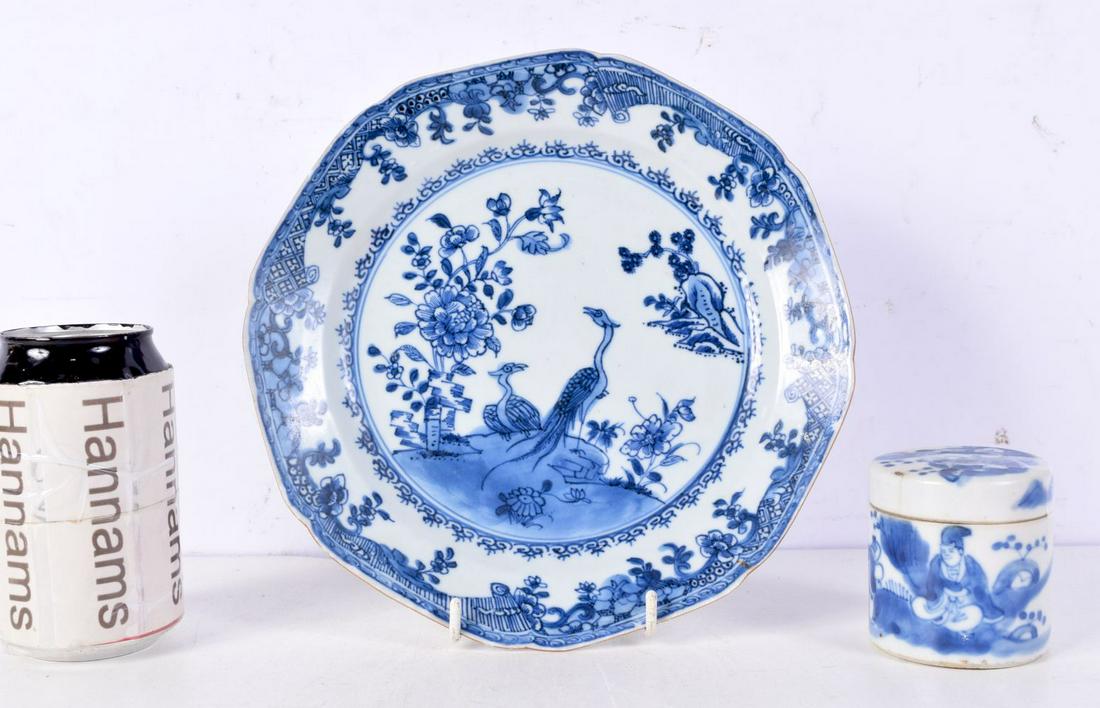 A Chinese porcelain Qing blue and white plate together with a small lidded box 22 diameter (2). (1 of 7)