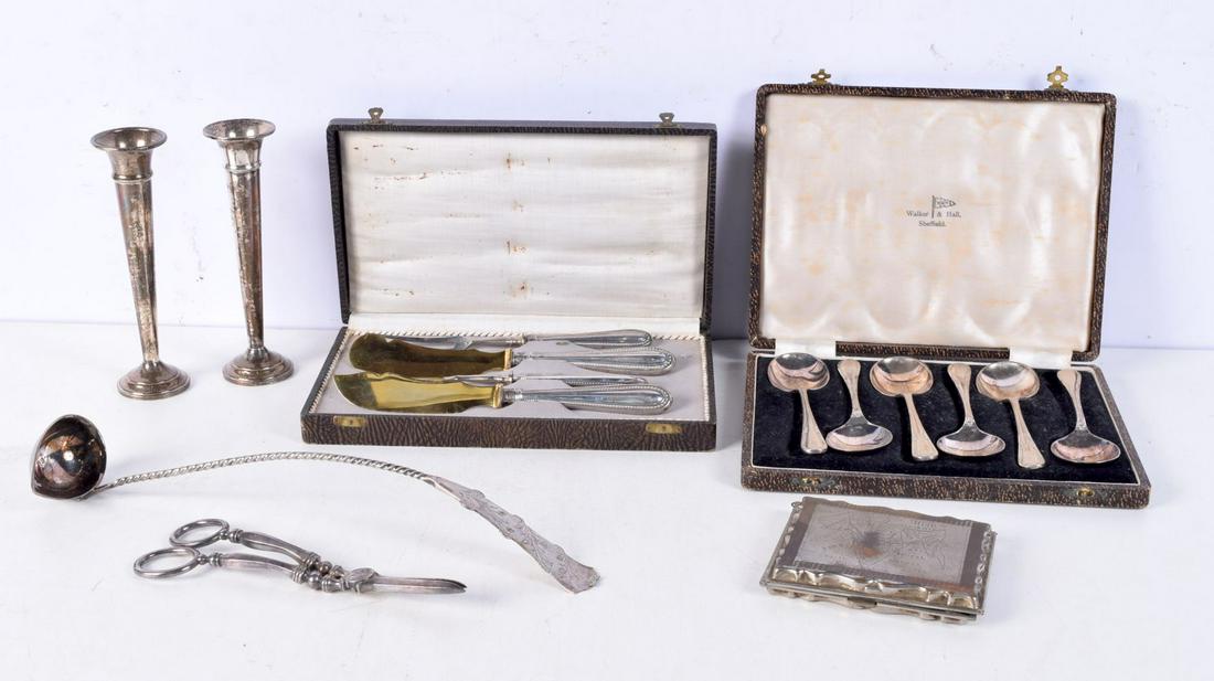 A pair of Sterling silver vases together with a silver ladle, six silver handled knives etc 600 (1 of 3)