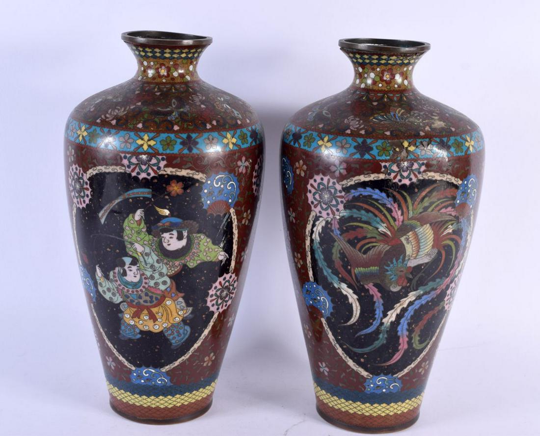 A LARGE PAIR OF 19TH CENTURY JAPANESE MEIJI PERIOD CLOISONNE ENAMEL VASES decorated with figures and (1 of 5)