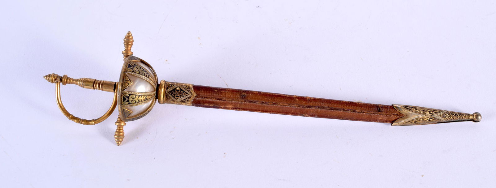AN UNUSUAL SPANISH TOLEDO MOTHER OF PEARL AND MIXED METAL SWORD PAPER KNIFE. 25 cm long. (1 of 4)