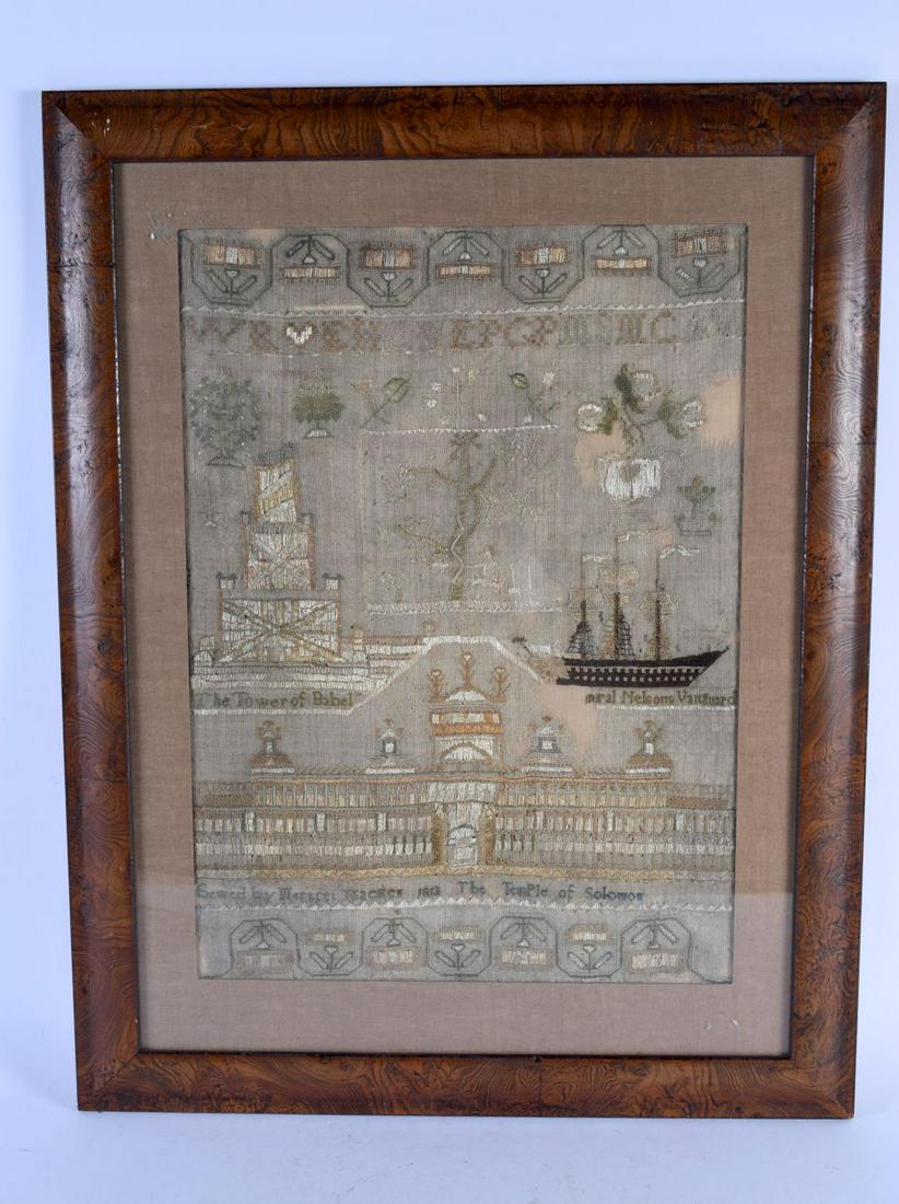 A MID 19TH CENTURY ENGLISH FRAMED AND EMBROIDERED SAMPLER C1813 depicting The Tower of Babel, Admira (1 of 6)
