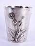 AN ART NOUVEAU EUROPEAN SILVER BEAKER decorated with organic foliage and vines. 110 grams. 8 cm x 6.