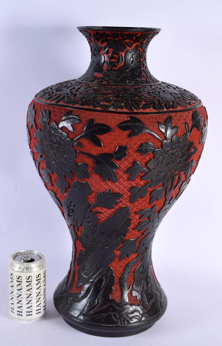 A VERY LARGE 19TH CENTURY CHINESE CARVED TWO TONE CINNABAR LACQUER VASE Qing, carved with extensive (1 of 5)