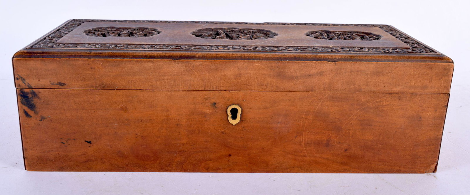 A 19TH CENTURY CHINESE CARVED HARDWOOD RECTANGULAR CASKET Qing, carved with figures in landscapes. 2: A 19TH CENTURY CHINESE CARVED HARDWOOD RECTANGULAR CASKET Qing, carved with figures in landscapes. 24 cm x 10 cm.