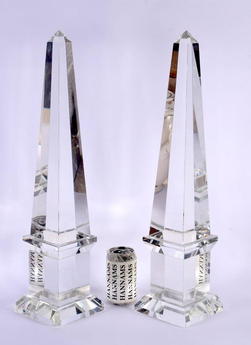 A LARGE PAIR OF 19TH CENTURY CONTINENTAL ROCK CRYSTAL OBELISKS of angular form. 56 cm high.: A LARGE PAIR OF 19TH CENTURY CONTINENTAL ROCK CRYSTAL OR GLASS OBELISKS of angular form. 56 cm high.