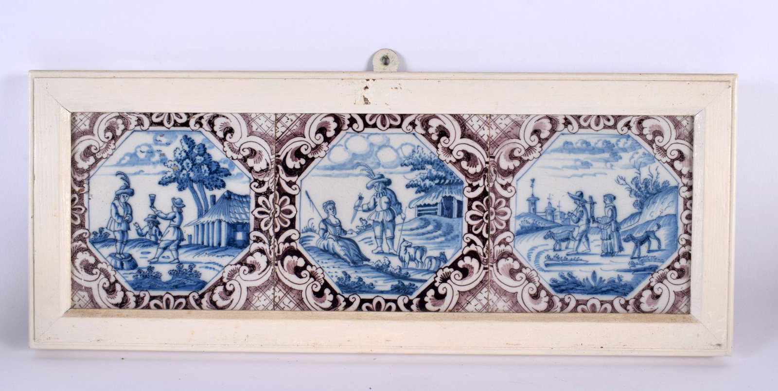 A SET OF THREE 18TH CENTURY DUTCH DELFT MANGANESE BLUE AND WHITE TILES. 42 cm x 15 cm. (1 of 5)