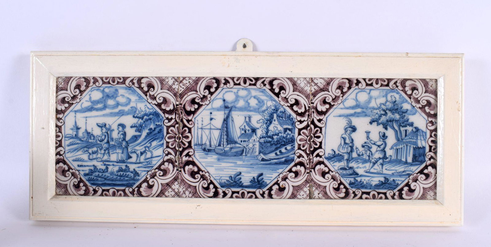 A SET OF THREE 18TH CENTURY DUTCH DELFT MANGANESE BLUE AND WHITE TILES. 42 cm x 15 cm. (1 of 5)