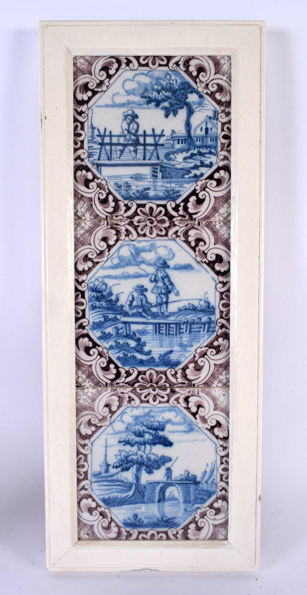 A SET OF THREE 18TH CENTURY DUTCH DELFT MANGANESE BLUE AND WHITE TILES. 42 cm x 15 cm. (1 of 5)
