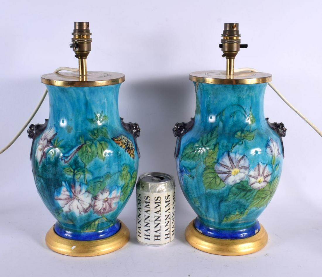 A PAIR OF 19TH CENTURY FRENCH POTTERY LAMPS Attributed to Theodore Deck. 37 cm x 15 cm.: A PAIR OF 19TH CENTURY FRENCH POTTERY LAMPS Attributed to Theodore Deck. 37 cm x 15 cm.