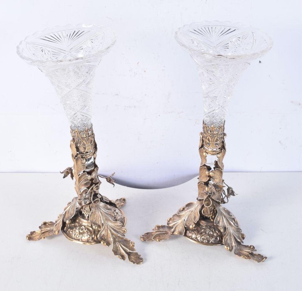 A PAIR OF ANTIQUE CONTINENTAL EPERGNES possibly silver gilt. Metal 321 grams. 30 cm x 16 cm.: A PAIR OF ANTIQUE CONTINENTAL EPERGNES possibly silver gilt. Metal 321 grams. 30 cm x 16 cm.