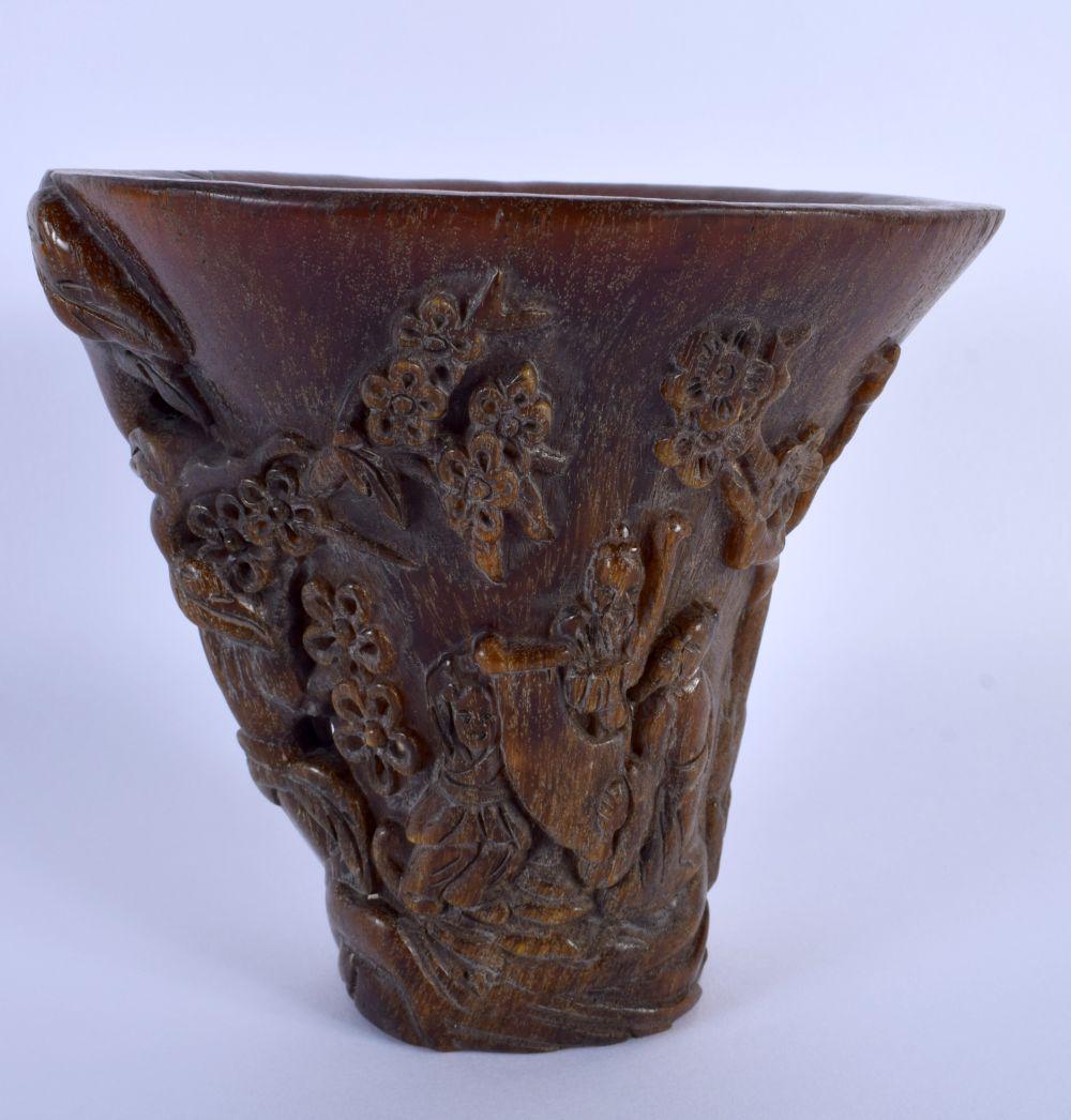 A CHINESE CARVED BUFFALO HORN TYPE LIBATION CUP 20th Century. 831 grams. 14 cm x 14 cm.: A CHINESE CARVED BUFFALO HORN TYPE LIBATION CUP 20th Century. 831 grams. 14 cm x 14 cm.