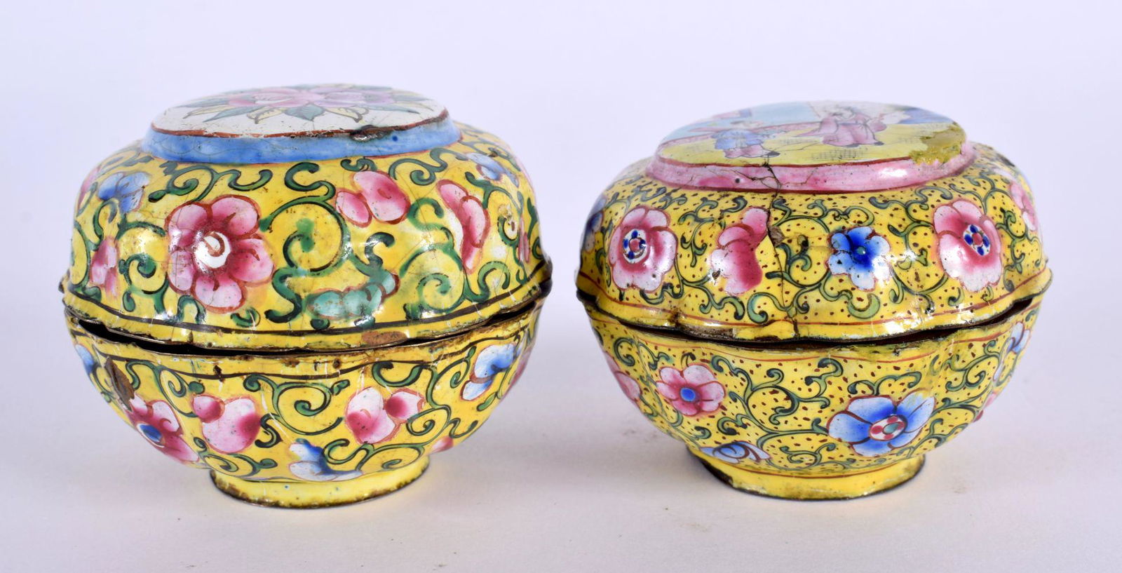 TWO 19TH CENTURY CHINESE CANTON ENAMEL BOXES AND COVERS Qing. Largest 7 cm wide. (2) (1 of 4)