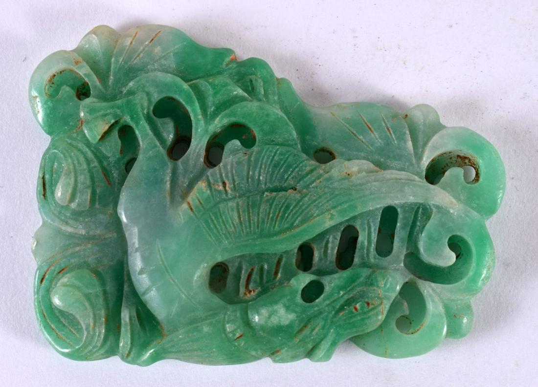 A CHINESE CARVED JADEITE PLAQUE 20th Century. 8.5 cm x 6.5 cm.: A CHINESE CARVED JADEITE PLAQUE 20th Century. 8.5 cm x 6.5 cm.