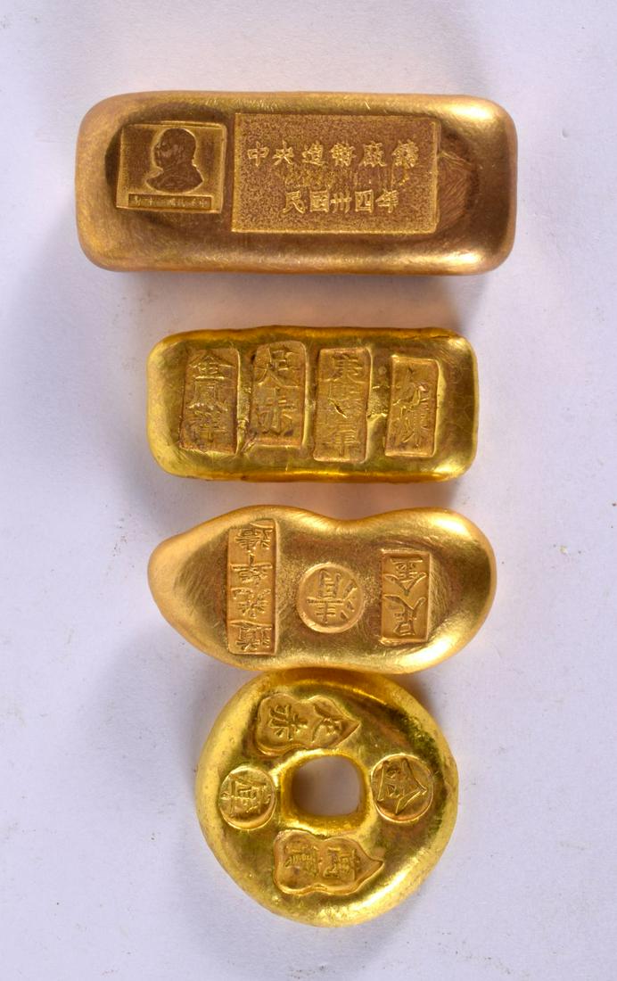 FOUR CHINESE YELLOW METAL SCROLL WEIGHT INGOTS. 417 grams. Largest 6.5 cm x 3 cm. (4) (1 of 2)
