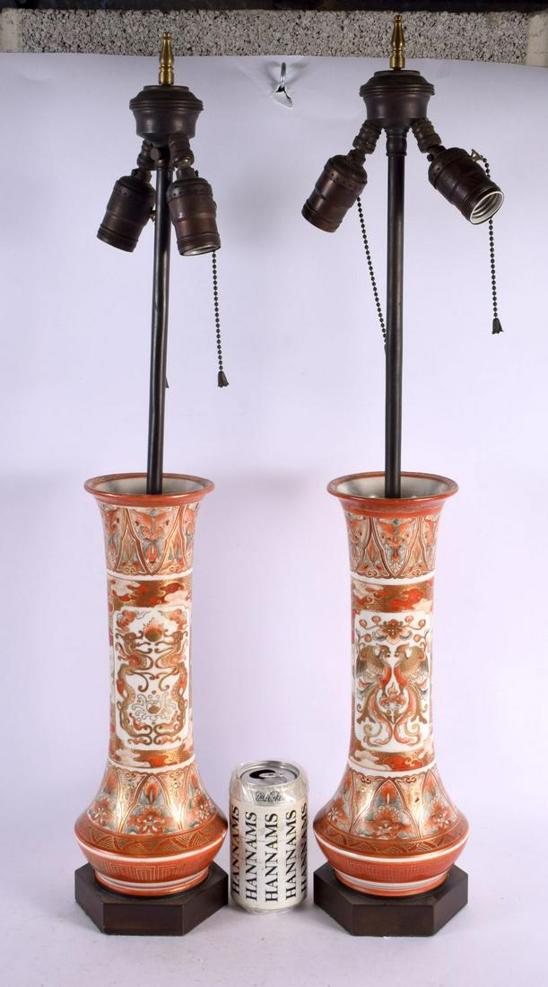 A PAIR OF 19TH CENTURY JAPANESE MEIJI PERIOD KUTANI COUNTRY HOUSE LAMPS painted with birds and flowe (1 of 3)