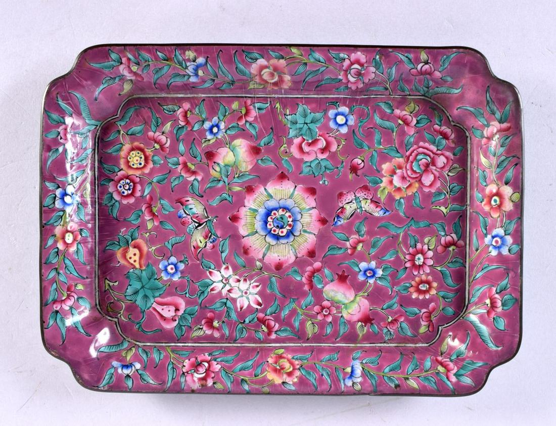 A 19TH CENTURY CHINESE CANTON ENAMEL RECTANGULAR DISH Qing, painted with flowers. 21 cm x 15 cm. (1 of 2)