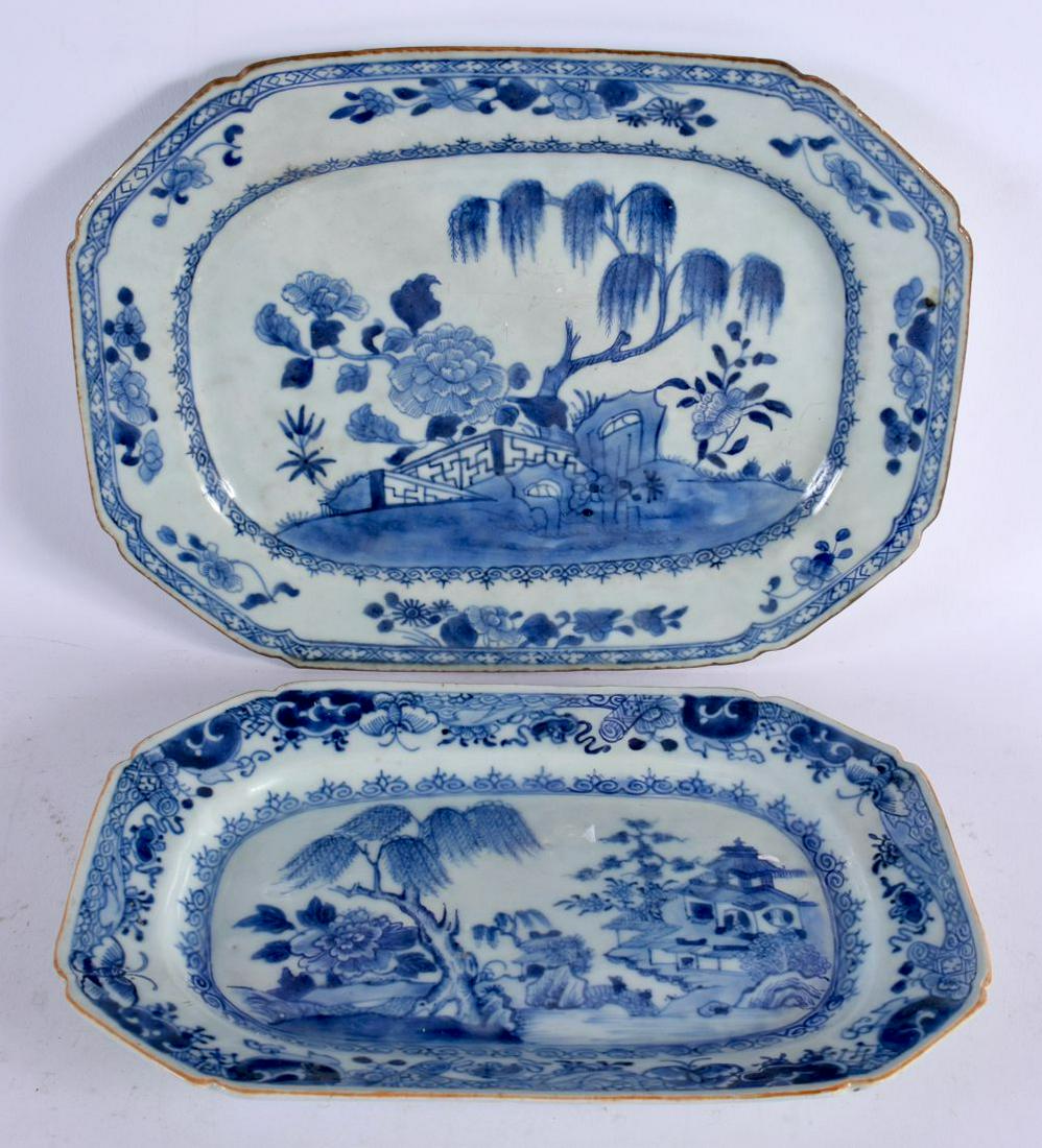 TWO 18TH CENTURY CHINESE BLUE AND WHITE EXPORT DISHES Qianlong. Largest 32 cm x 24 cm. (2) (1 of 9)