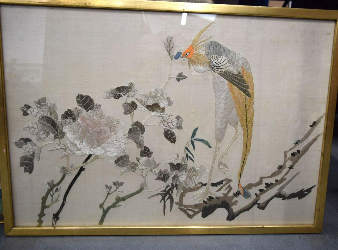 A LARGE 19TH CENTURY CHINESE MARBLE PANEL together with two watercolours and an embroidery of a bird (1 of 4)