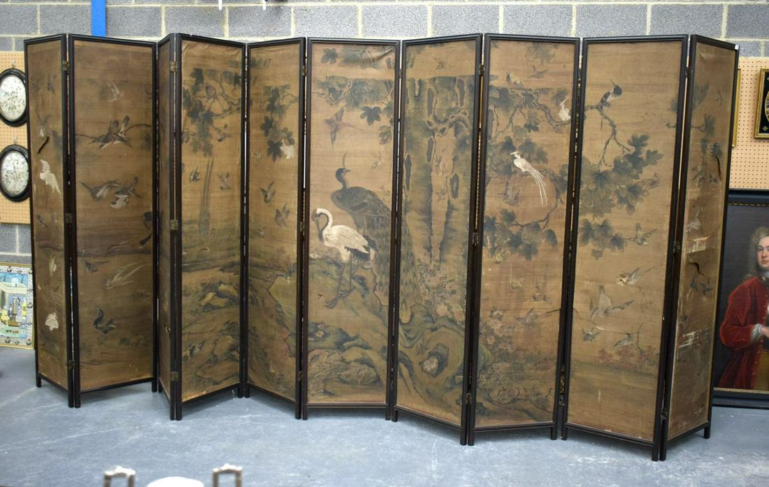 A LARGE 19TH CENTURY CHINESE WATERCOLOUR HARDWOOD SCREEN Qing. 215 cm x 400 cm. (1 of 12)