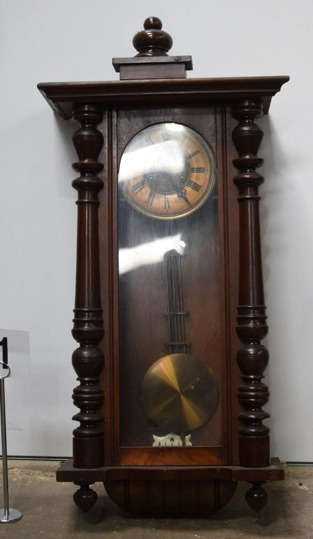 A mid century wooden regulator clock 78 x 45 cm. (1 of 3)