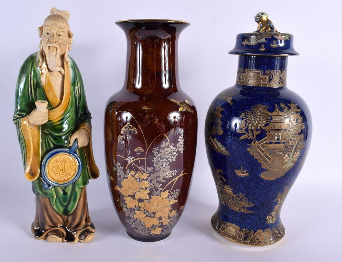 AN ART DECO CARLTONWARE VASE AND COVER together with a Sancai figure & another. Largest 28 cm high. (1 of 5)