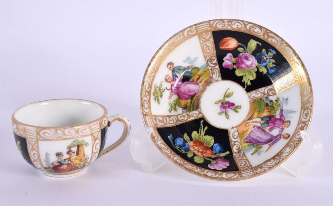 A MINIATURE 19TH CENTURY GERMAN AUGUSTUS REX PORCELAIN CUP AND SAUCER. 7.5 cm diameter. (2) (1 of 4)