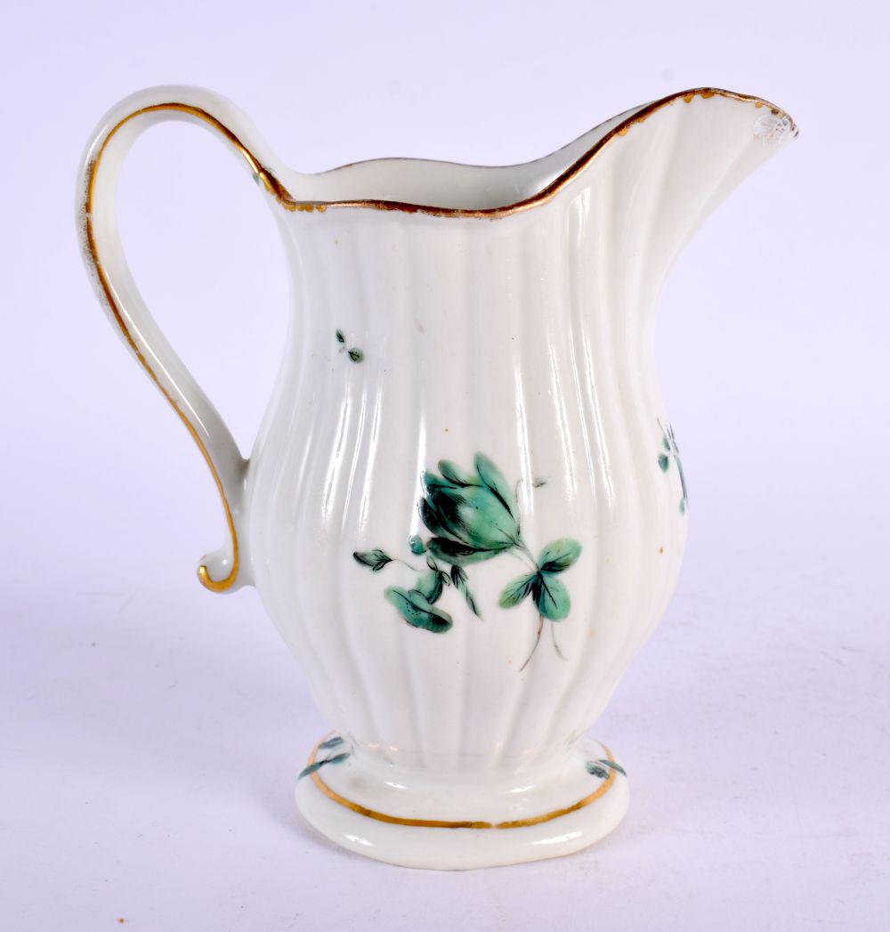 18th century Chelsea Derby fluted cream jug painted with green roses, gold anchor ‘D’ marks. 12cm hi (1 of 6)
