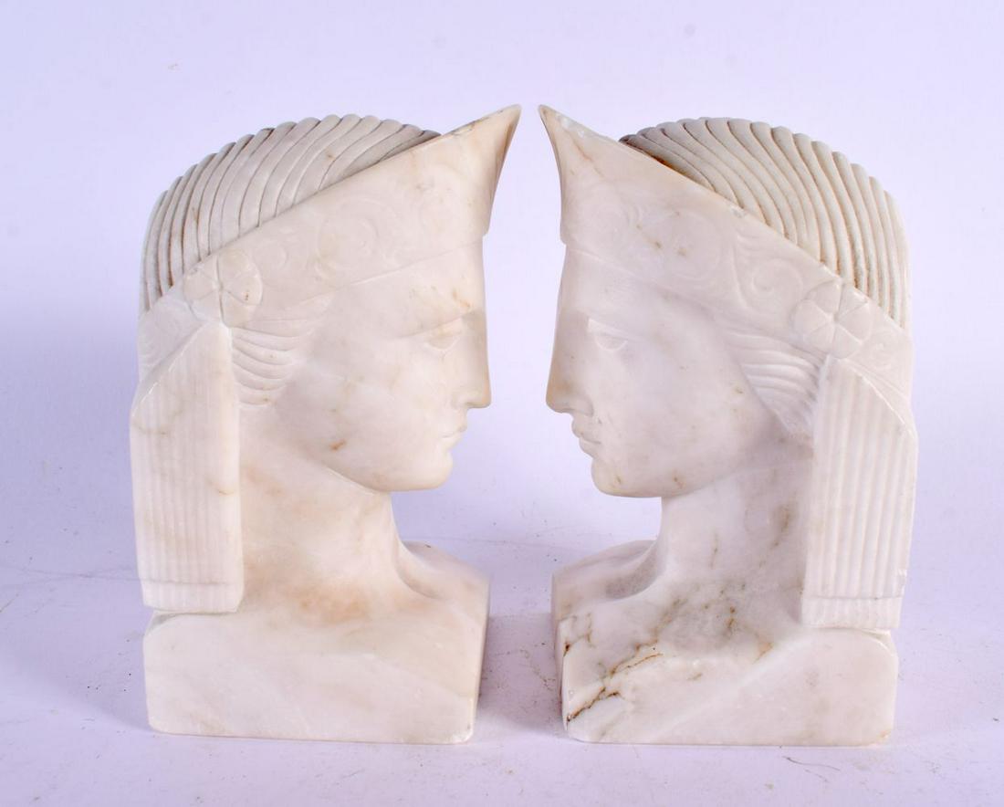 A Pair Of Art Deco European Carved Alabaster Bookends Formed As Romanesque Females. 15 Cm X 7 Cm
