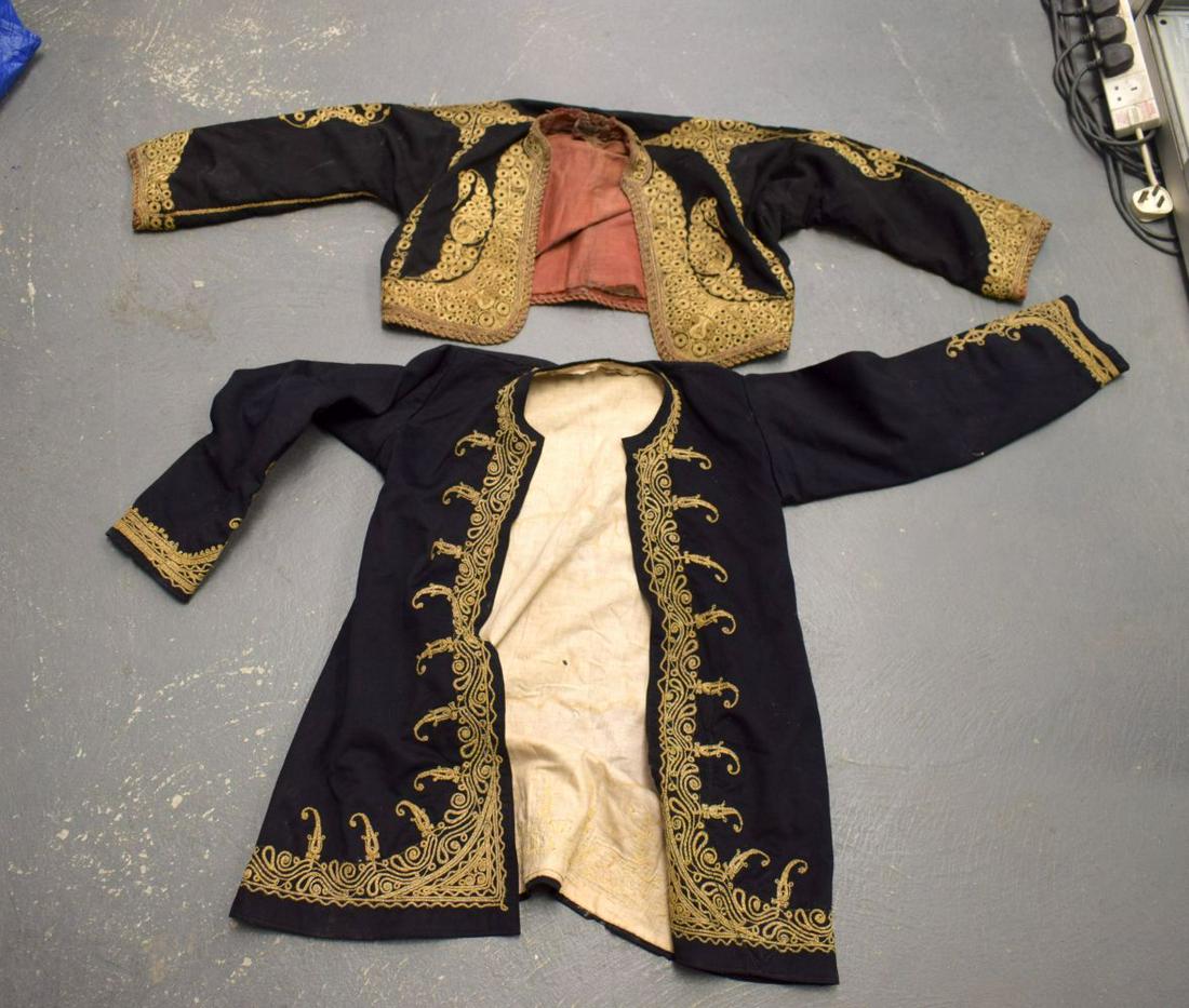 TWO MIDDLE EASTERN OTTOMAN EMBROIDERED GOLD THREAD CLOAKS. Largest 115 cm x 78 cm. (2) (1 of 16)