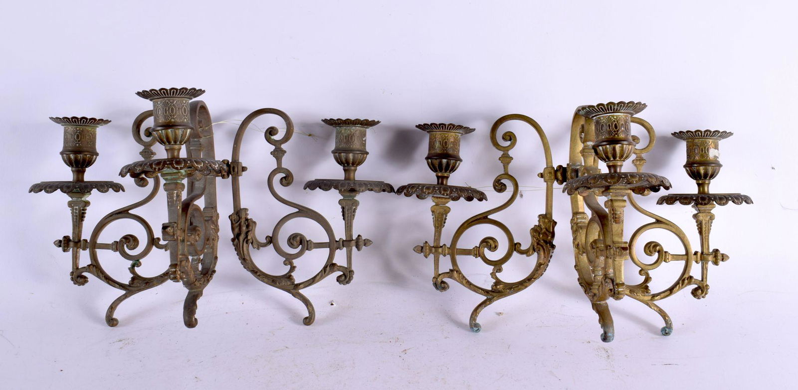 A PAIR OF THREE BRANCH ANTIQUE FRENCH CANDLESTICKS. 24 cm x 18 cm. (1 of 5)