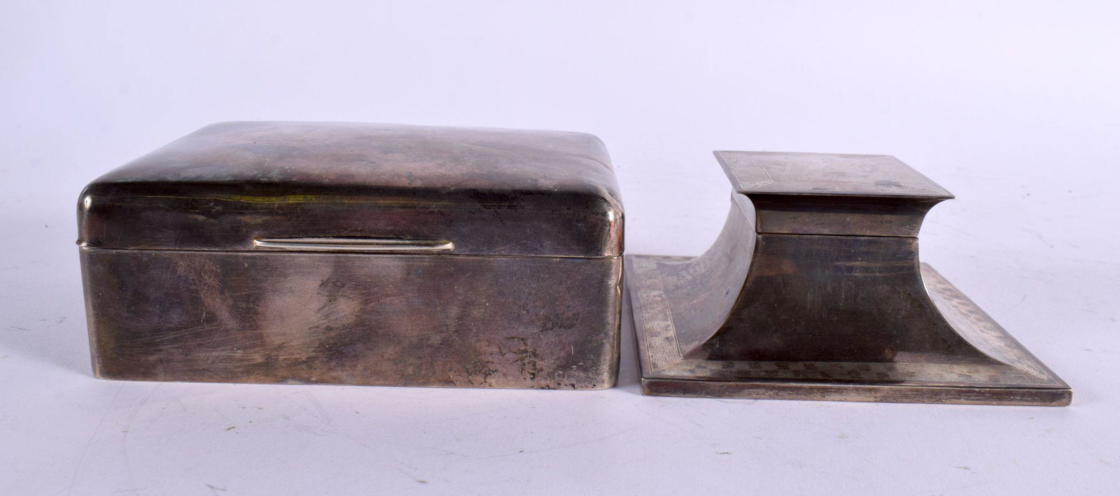 AN ART DECO SILVER INKWELL together with a silver cigarette case. Birmingham 1926 & London (marks ru (1 of 6)