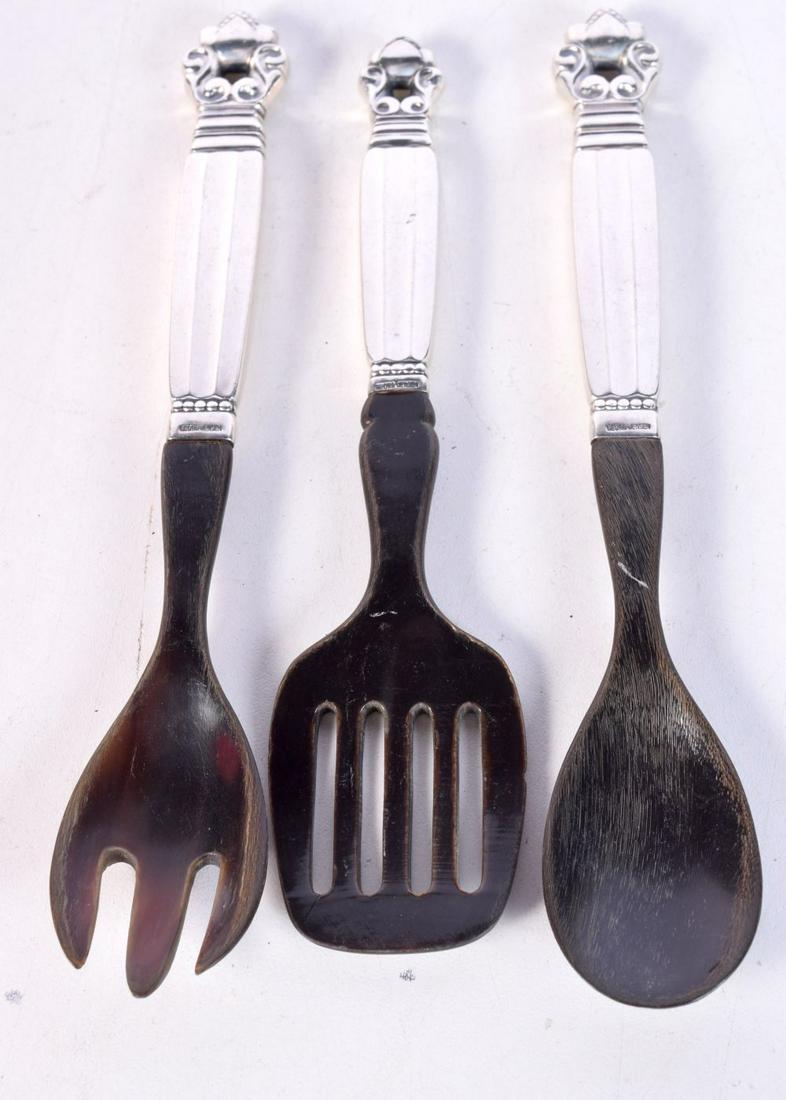 THREE DANISH GEORG JENSEN SILVER MOUNTED HORN CUTLERY. 84 grams overall. 18 cm x 3 cm. (3) (1 of 4)