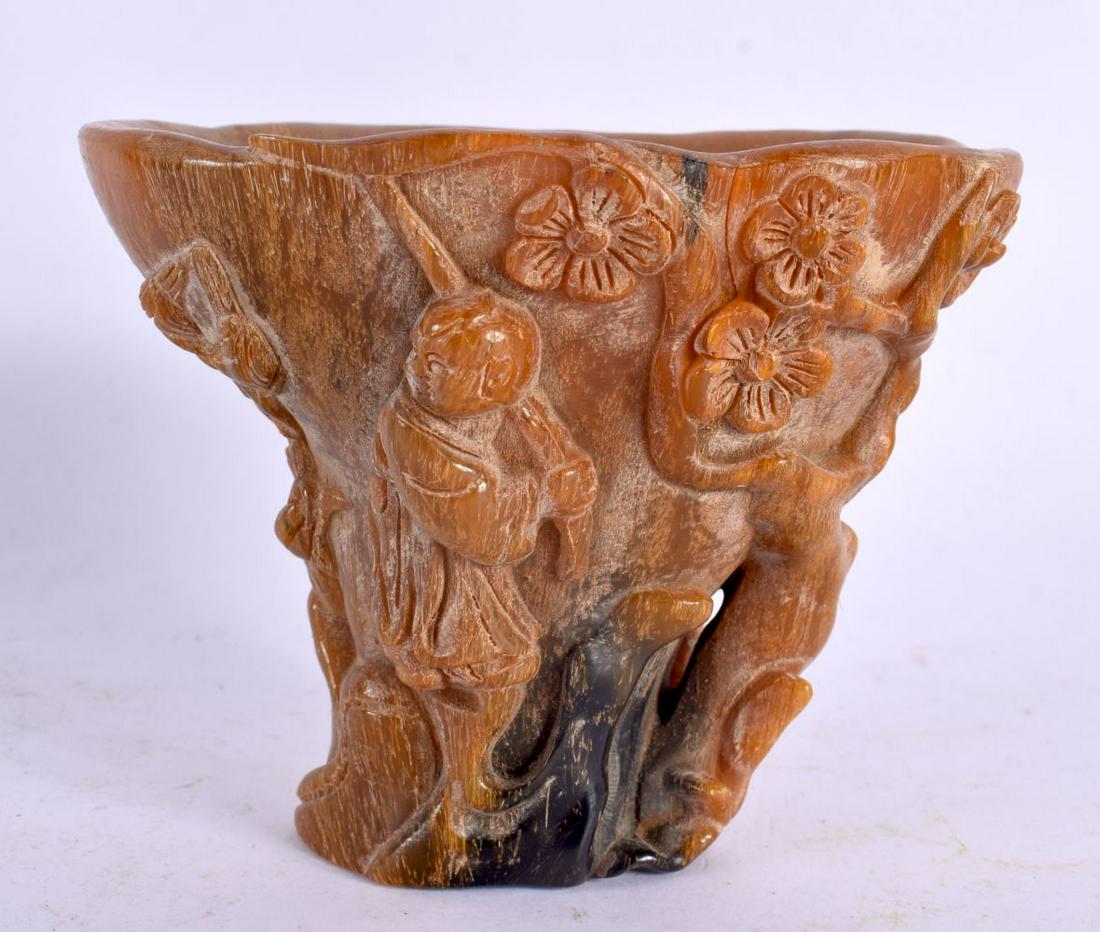 A CHINESE CARVED BUFFALO HORN TYPE LIBATION CUP 20th Century. 337 grams. 12 cm x 10 cm. (1 of 6)