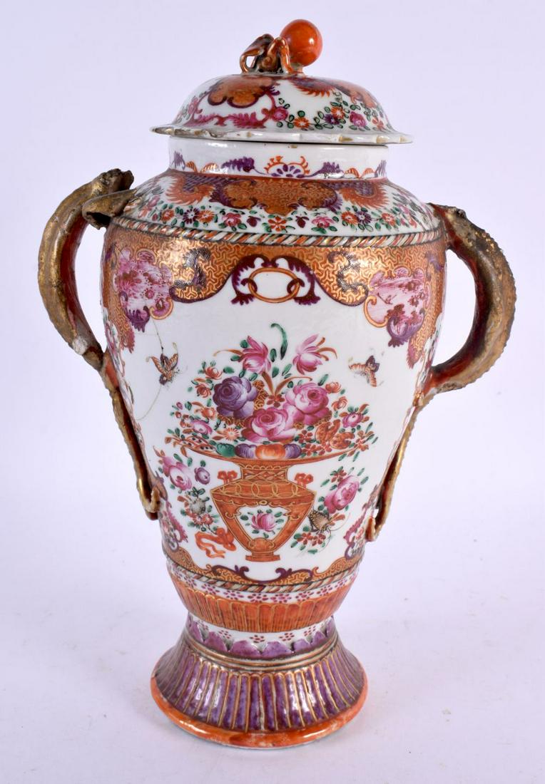 AN 18TH CENTURY CHINESE EXPORT FAMILLE ROSE TWIN HANDLED VASE AND COVER Qianlong. 25 cm x 12 cm. (1 of 5)