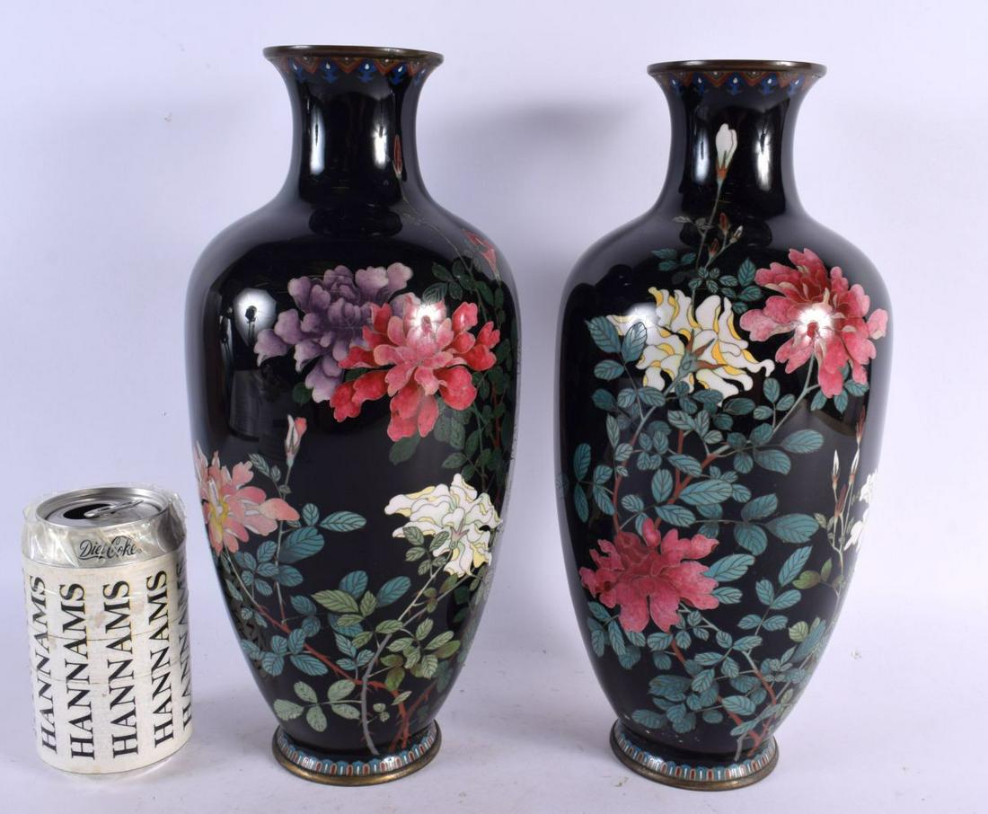 A LARGE PAIR OF 19TH CENTURY JAPANESE MEIJI PERIOD CLOISONNE ENAMEL VASES decorated with bold pink f (1 of 4)