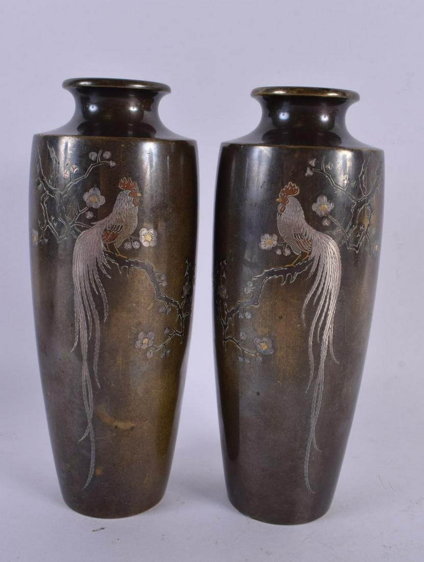 A PAIR OF 19TH CENTURY JAPANESE MEIJI PERIOD BRONZE NAGOYA VASES silver inlaid with cockerells. 18 c (1 of 7)